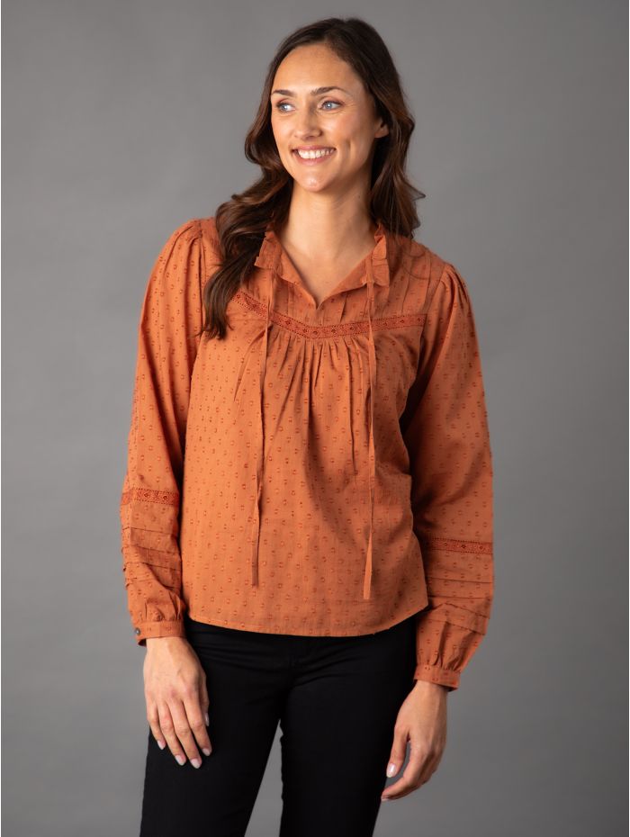 Scheana Dobby Tie Neck Blouse in Rust