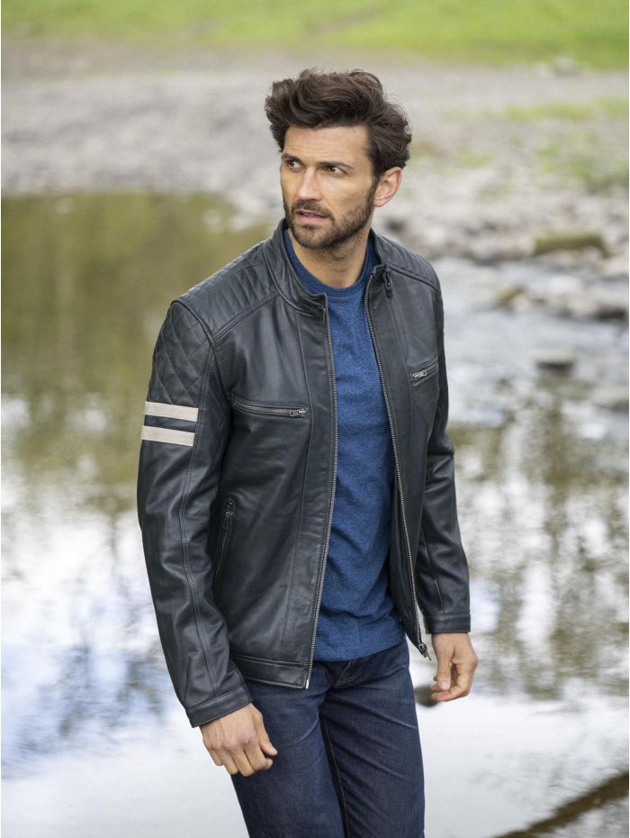 Lakeland Leather Charlie Leather Racer Jacket in Navy | Lakeland