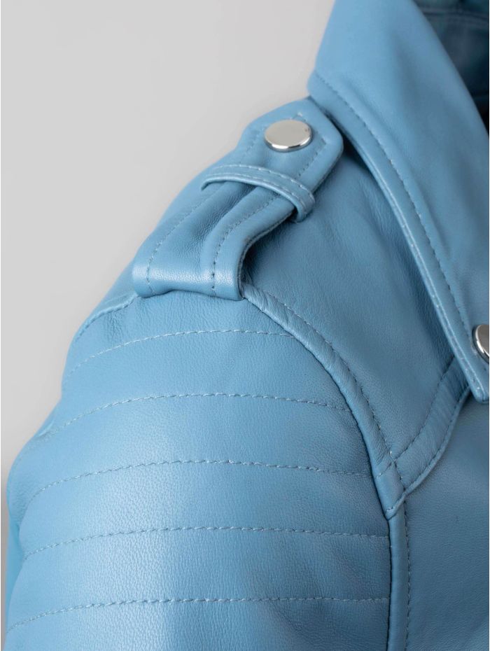 Esthwaite Classic Leather Biker Jacket in Sky Blue