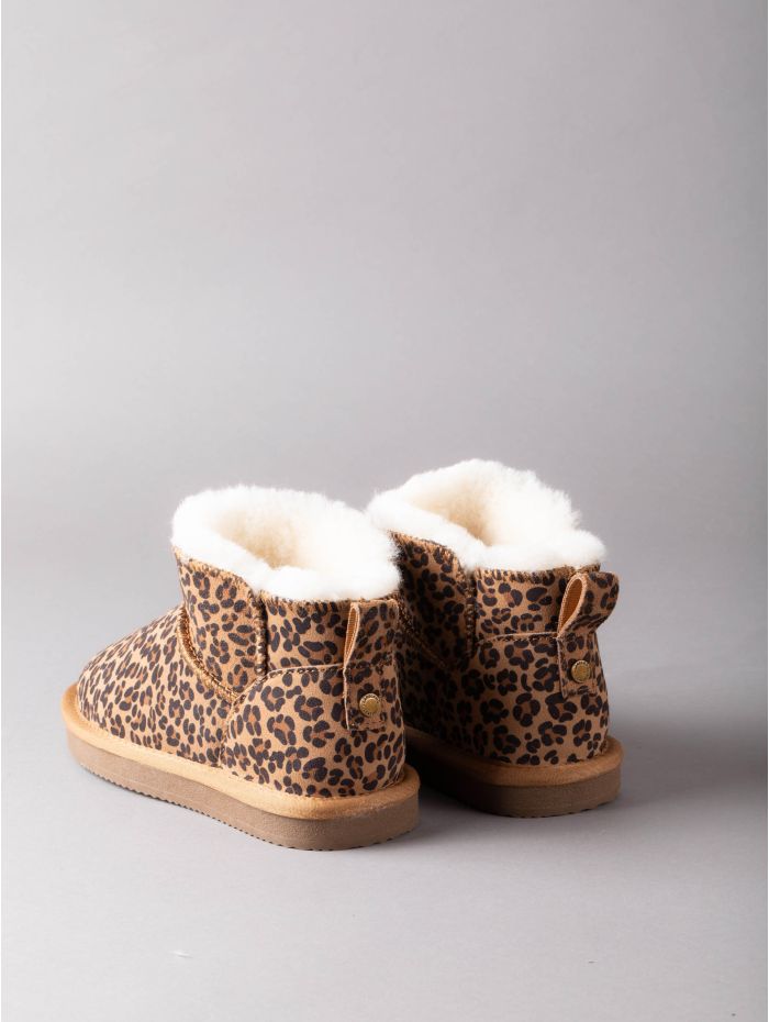 Ladies' Sheepskin Mini Boot Slippers in Tan with Leopard Print