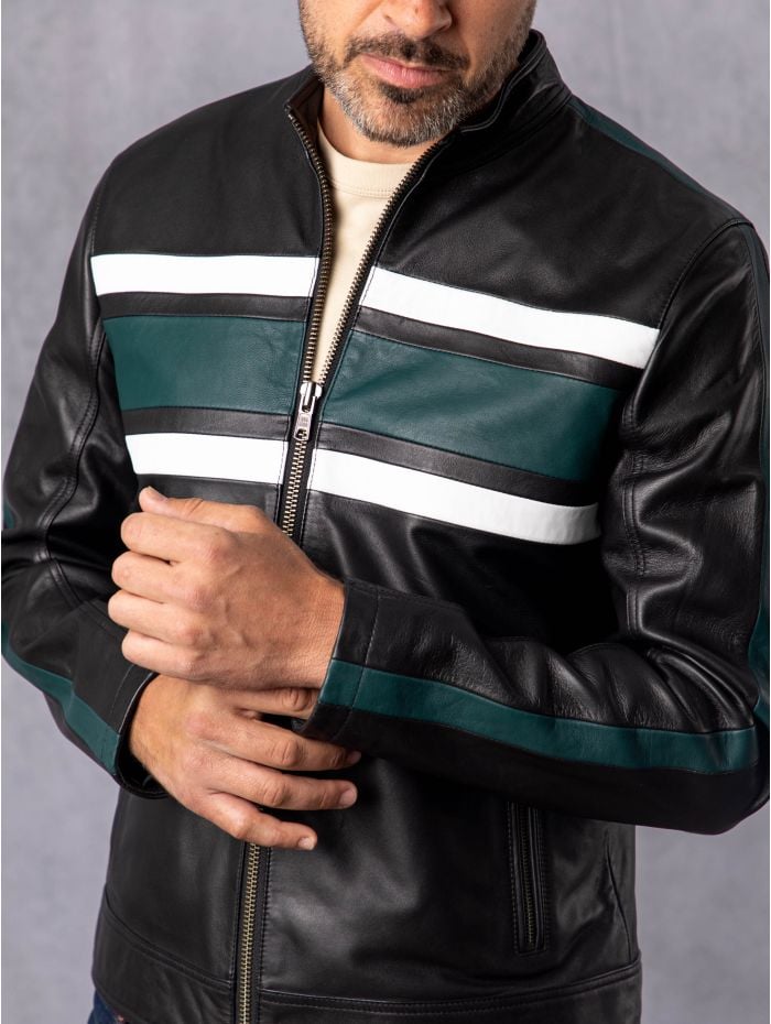 Bowscale Contrast Stripe Leather Jacket in Black