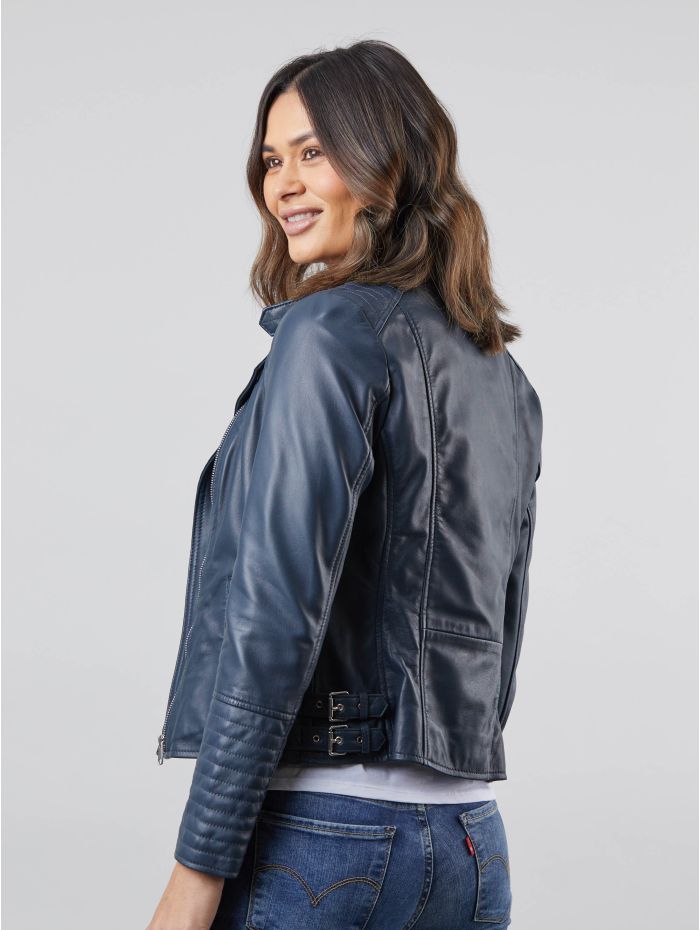 Toni Leather Biker Jacket in Navy