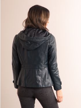 Ambleville Hooded Leather Jacket in Fresh Navy