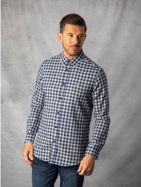 Jack Brushed Cotton Check Shirt in Blue and Grey