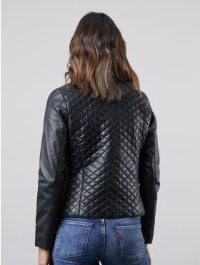 Cheri Quilted Collarless Leather Jacket in Black